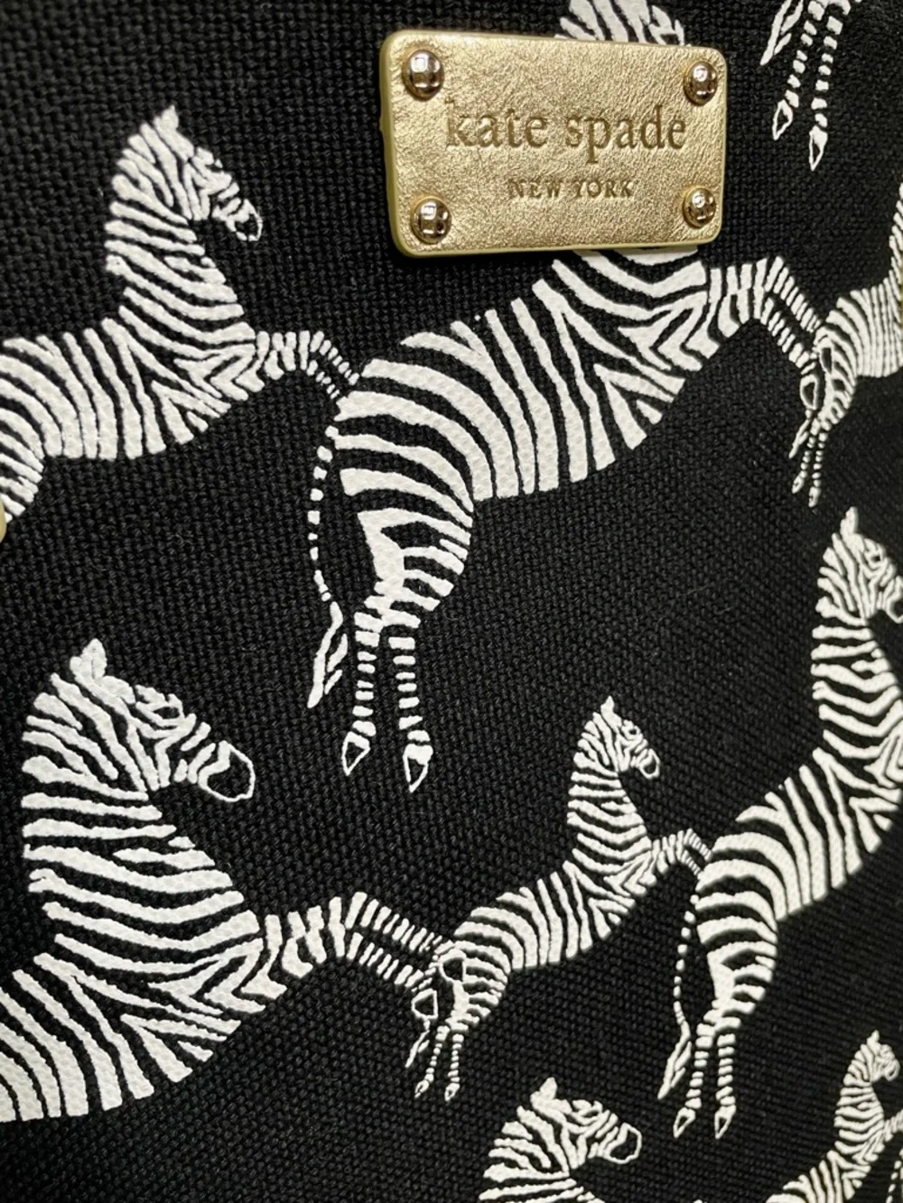Kate Spade Bon Mot Zebra Print Canvas Shopper Tote Bag w/ Metallic Gold Handles - Picture 4 of 7
